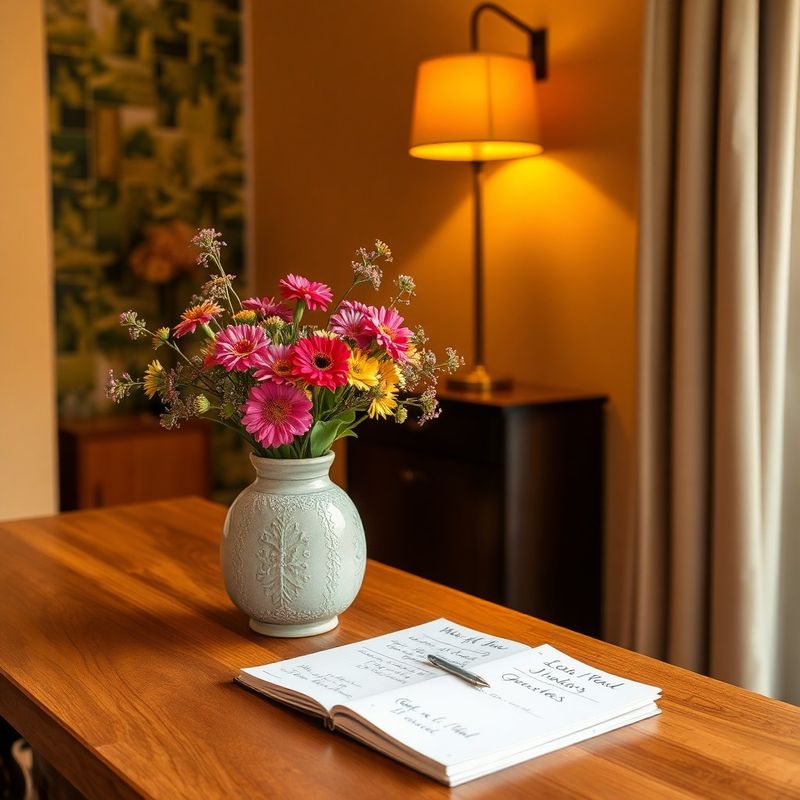 rimavely reception desk detail with fresh proteas and warm amber lamp glow